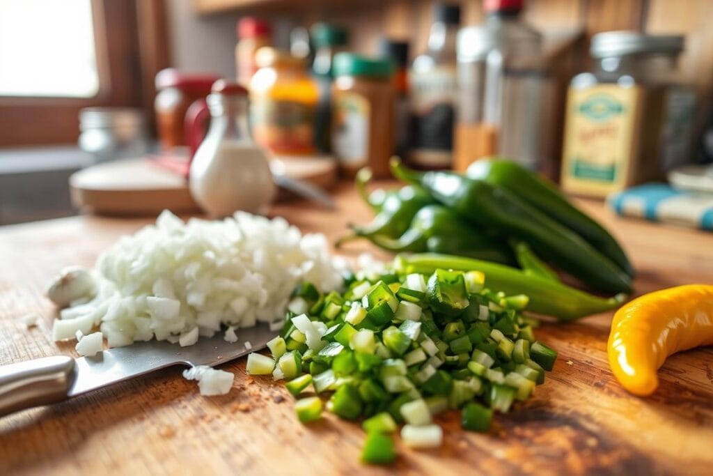 A wooden kitchen counter with freshly chopped onions, garlic, and Scotch bonnet peppers arranged in a visually appealing composition. In the foreground, a chef's knife rests next to the diced ingredients, conveying the act of preparation. The middle ground features a cutting board with a subtle textured surface, adding depth and realism. In the background, a blurred view of jars and bottles containing spices and condiments, hinting at the full array of flavors involved in the recipe. Warm, natural lighting from an unseen window casts a soft glow, creating a welcoming, homey atmosphere. The overall scene evokes a sense of culinary craftsmanship and the vibrant flavors of authentic Jamaican cuisine. A wooden kitchen counter with freshly chopped onions, garlic, and Scotch bonnet peppers arranged in a visually appealing composition. In the foreground, a chef's knife rests next to the diced ingredients, conveying the act of preparation. The middle ground features a cutting board with a subtle textured surface, adding depth and realism. In the background, a blurred view of jars and bottles containing spices and condiments, hinting at the full array of flavors involved in the recipe. Warm, natural lighting from an unseen window casts a soft glow, creating a welcoming, homey atmosphere. The overall scene evokes a sense of culinary craftsmanship and the vibrant flavors of authentic Jamaican cuisine.