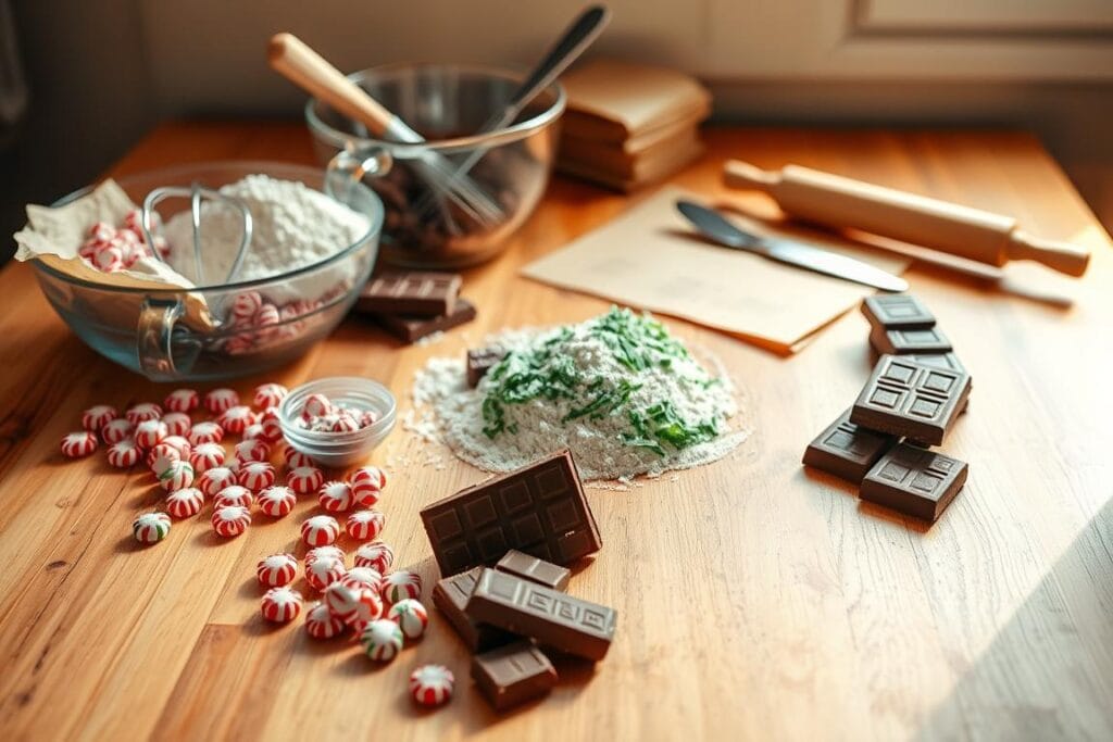 A wooden table with a crisp, clean surface, illuminated by warm, natural lighting from the side. In the foreground, an assortment of peppermint candies, cocoa powder, and chocolate bars, neatly arranged. In the middle ground, a mixing bowl filled with shredded peppermint, flour, and sugar, alongside a whisk and a spatula. In the background, a small stack of parchment paper and a rolling pin, hinting at the baking process. The overall scene exudes a cozy, festive atmosphere, inviting the viewer to imagine the delicious homemade peppermint brownies to come. A wooden table with a crisp, clean surface, illuminated by warm, natural lighting from the side. In the foreground, an assortment of peppermint candies, cocoa powder, and chocolate bars, neatly arranged. In the middle ground, a mixing bowl filled with shredded peppermint, flour, and sugar, alongside a whisk and a spatula. In the background, a small stack of parchment paper and a rolling pin, hinting at the baking process. The overall scene exudes a cozy, festive atmosphere, inviting the viewer to imagine the delicious homemade peppermint brownies to come.