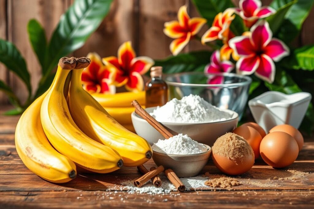 An arrangement of baking ingredients for authentic Hawaiian banana bread, artfully displayed against a rustic wooden surface. In the foreground, ripe bananas, flour, brown sugar, and eggs in natural light. In the middle, cinnamon sticks, vanilla extract, and a mixing bowl. In the background, a backdrop of tropical leaves and vibrant Hawaiian flowers, creating a lush, island-inspired atmosphere. Soft shadows and a warm, golden-hued lighting evoke the comforting, homemade feel of this traditional Hawaiian delicacy. An arrangement of baking ingredients for authentic Hawaiian banana bread, artfully displayed against a rustic wooden surface. In the foreground, ripe bananas, flour, brown sugar, and eggs in natural light. In the middle, cinnamon sticks, vanilla extract, and a mixing bowl. In the background, a backdrop of tropical leaves and vibrant Hawaiian flowers, creating a lush, island-inspired atmosphere. Soft shadows and a warm, golden-hued lighting evoke the comforting, homemade feel of this traditional Hawaiian delicacy.