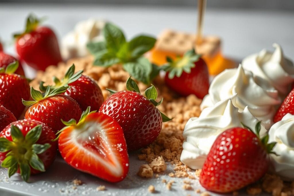An artfully arranged still life of the ingredients for a creamy, decadent strawberry cheesecake salad. In the foreground, a selection of plump, juicy strawberries glistening in the soft, natural light. Surrounding them, dollops of rich, velvety cream cheese, sprinkled with a light dusting of powdered sugar. In the middle ground, graham cracker crumbs and a drizzle of honey, hinting at the indulgent flavors to come. In the background, a scattering of fresh mint leaves, adding a refreshing contrast. The overall mood is one of delightful anticipation, inviting the viewer to imagine the delectable final dish. An artfully arranged still life of the ingredients for a creamy, decadent strawberry cheesecake salad. In the foreground, a selection of plump, juicy strawberries glistening in the soft, natural light. Surrounding them, dollops of rich, velvety cream cheese, sprinkled with a light dusting of powdered sugar. In the middle ground, graham cracker crumbs and a drizzle of honey, hinting at the indulgent flavors to come. In the background, a scattering of fresh mint leaves, adding a refreshing contrast. The overall mood is one of delightful anticipation, inviting the viewer to imagine the delectable final dish.