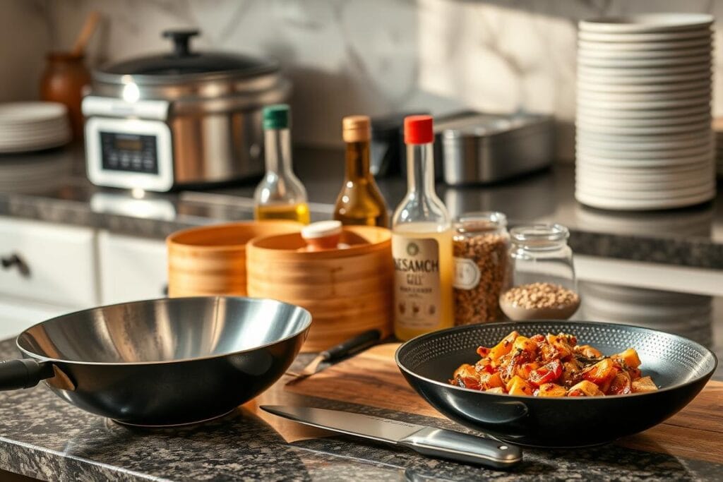 An elegant kitchen counter displays an array of essential tools for preparing delectable Sesame Chicken. In the foreground, a heavy-duty wok, a sharp chef's knife, and a wooden cutting board take center stage. In the middle ground, a bamboo steamer, a bottle of sesame oil, and a jar of toasted sesame seeds beckon, hinting at the flavor profile. The background features a sleek stainless steel appliance, likely a rice cooker, and a stack of serving dishes, all bathed in warm, natural lighting that casts a cozy ambiance throughout the scene. An elegant kitchen counter displays an array of essential tools for preparing delectable Sesame Chicken. In the foreground, a heavy-duty wok, a sharp chef's knife, and a wooden cutting board take center stage. In the middle ground, a bamboo steamer, a bottle of sesame oil, and a jar of toasted sesame seeds beckon, hinting at the flavor profile. The background features a sleek stainless steel appliance, likely a rice cooker, and a stack of serving dishes, all bathed in warm, natural lighting that casts a cozy ambiance throughout the scene.