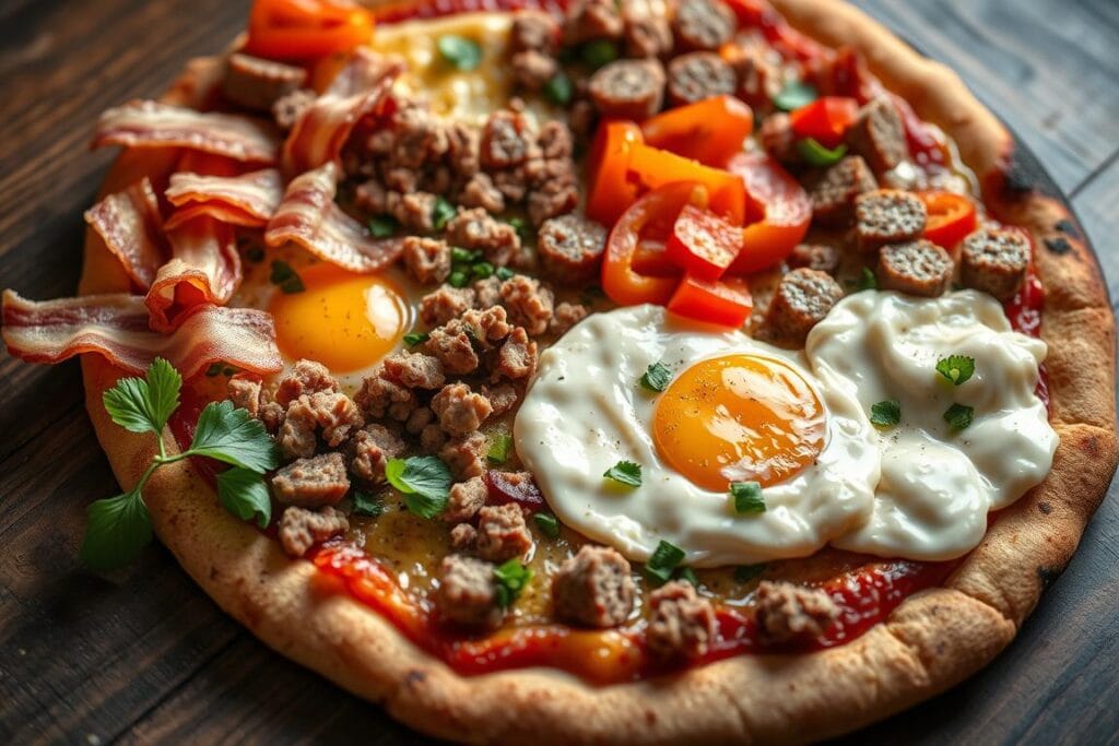 Artful arrangement of breakfast pizza ingredients on a rustic wooden surface, capturing the essence of a perfect morning meal. Close-up view showcasing a bounty of fresh toppings - crisp bacon rashers, savory sausage crumbles, vibrant bell peppers, and creamy scrambled eggs. The ingredients are softly lit from above, casting gentle shadows and highlighting their textures. The overall mood is warm, inviting, and bursting with the promise of a delicious breakfast pizza, ready to be assembled and savored. Artful arrangement of breakfast pizza ingredients on a rustic wooden surface, capturing the essence of a perfect morning meal. Close-up view showcasing a bounty of fresh toppings - crisp bacon rashers, savory sausage crumbles, vibrant bell peppers, and creamy scrambled eggs. The ingredients are softly lit from above, casting gentle shadows and highlighting their textures. The overall mood is warm, inviting, and bursting with the promise of a delicious breakfast pizza, ready to be assembled and savored.