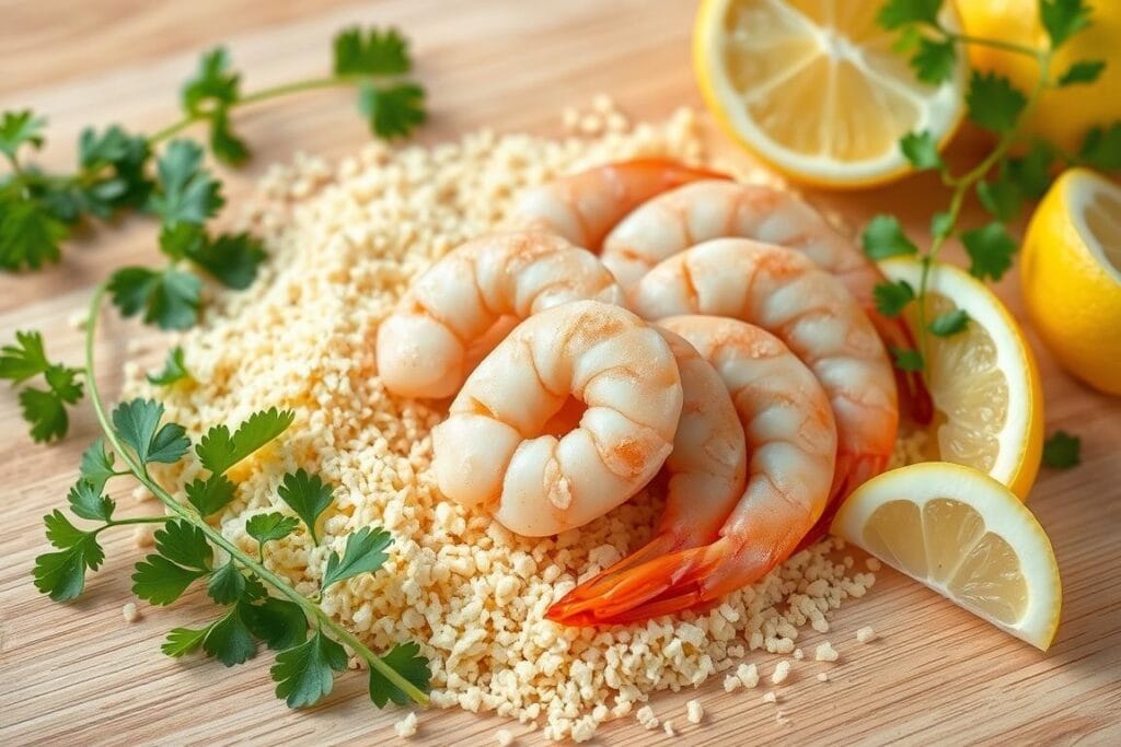 Artfully arranged panko breadcrumbs, plump shrimp, fresh parsley, and lemon wedges captured in a crisp, high-resolution photograph. The ingredients are displayed on a clean, wooden surface, bathed in soft, natural lighting that highlights their textures and colors. The composition is balanced, with the shrimp positioned prominently in the foreground, surrounded by the supporting ingredients. The overall atmosphere conveys a sense of freshness, simplicity, and culinary expertise, perfectly showcasing the essential components for a delectable panko shrimp dish. Artfully arranged panko breadcrumbs, plump shrimp, fresh parsley, and lemon wedges captured in a crisp, high-resolution photograph. The ingredients are displayed on a clean, wooden surface, bathed in soft, natural lighting that highlights their textures and colors. The composition is balanced, with the shrimp positioned prominently in the foreground, surrounded by the supporting ingredients. The overall atmosphere conveys a sense of freshness, simplicity, and culinary expertise, perfectly showcasing the essential components for a delectable panko shrimp dish.