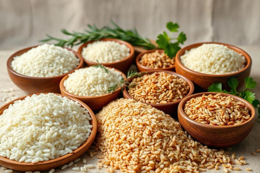 Artistic still life depicting an assortment of high-quality rice varieties for a healthy chicken casserole. Foreground features several types of uncooked rice grains in wooden bowls, arranged with care - long grain white rice, basmati rice, brown rice, and wild rice. Midground showcases fresh herbs like rosemary, thyme, and parsley. Background has soft, natural lighting, with a plain linen or wooden surface, creating a rustic, earthy ambiance. The overall composition highlights the diverse textures and colors of the rice, emphasizing the importance of choosing the right type for a nourishing chicken casserole dish. Artistic still life depicting an assortment of high-quality rice varieties for a healthy chicken casserole. Foreground features several types of uncooked rice grains in wooden bowls, arranged with care - long grain white rice, basmati rice, brown rice, and wild rice. Midground showcases fresh herbs like rosemary, thyme, and parsley. Background has soft, natural lighting, with a plain linen or wooden surface, creating a rustic, earthy ambiance. The overall composition highlights the diverse textures and colors of the rice, emphasizing the importance of choosing the right type for a nourishing chicken casserole dish.
