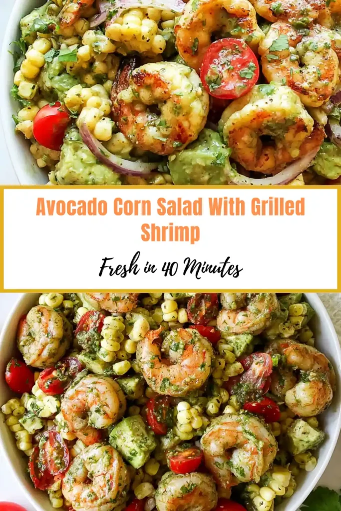 Avocado Corn Salad With Grilled Shrimp in 40 Minutes 4 Avocado corn salad with grilled shrimp recipe featuring tomatoes, cilantro, red onion, and fresh lime
