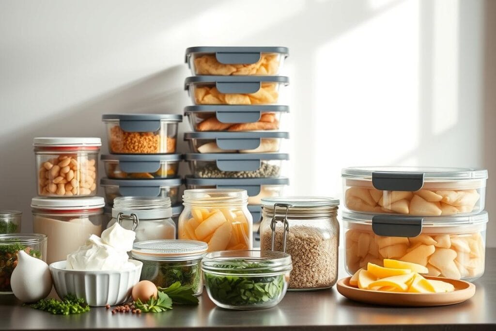 Beautifully lit kitchen counter with an assortment of storage containers, glass jars, and food items neatly arranged. Foreground features various creamy chicken ingredients like cream cheese, herbs, and seasoning. Midground showcases stackable airtight containers, labeled for easy organization. Background depicts a serene, minimalist backdrop with soft natural lighting, accentuating the clean, fresh aesthetic. Conveys a sense of culinary expertise and efficiency in storing and prepping creamy chicken dishes. Beautifully lit kitchen counter with an assortment of storage containers, glass jars, and food items neatly arranged. Foreground features various creamy chicken ingredients like cream cheese, herbs, and seasoning. Midground showcases stackable airtight containers, labeled for easy organization. Background depicts a serene, minimalist backdrop with soft natural lighting, accentuating the clean, fresh aesthetic. Conveys a sense of culinary expertise and efficiency in storing and prepping creamy chicken dishes.