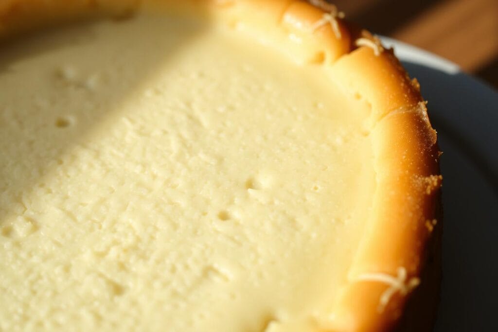 Close-up shot of a homemade cheesecake with a textured surface, illuminated by soft, natural lighting. The crust has a golden-brown hue, and the filling appears to have a slightly uneven, grainy consistency. The edges of the cake are slightly cracked, suggesting potential issues with the baking process. The overall mood is contemplative, inviting the viewer to examine the details and consider the potential troubleshooting steps needed to achieve a smooth, creamy cheesecake texture. Close-up shot of a homemade cheesecake with a textured surface, illuminated by soft, natural lighting. The crust has a golden-brown hue, and the filling appears to have a slightly uneven, grainy consistency. The edges of the cake are slightly cracked, suggesting potential issues with the baking process. The overall mood is contemplative, inviting the viewer to examine the details and consider the potential troubleshooting steps needed to achieve a smooth, creamy cheesecake texture.