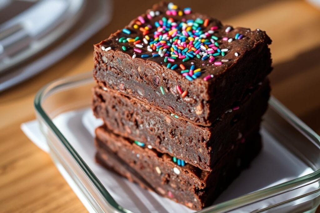 Close-up shot of a stack of three homemade cosmic brownie cookie bars, neatly arranged and stored in a glass container with an airtight lid. The bars have a rich, fudgy chocolate texture, topped with a layer of colorful cosmic sprinkles that shimmer under the soft, even lighting. The container sits on a wooden surface, casting subtle shadows. The composition emphasizes the fresh, well-preserved condition of the treats, conveying a sense of tempting indulgence and proper storage for maximum flavor and texture retention. Close-up shot of a stack of three homemade cosmic brownie cookie bars, neatly arranged and stored in a glass container with an airtight lid. The bars have a rich, fudgy chocolate texture, topped with a layer of colorful cosmic sprinkles that shimmer under the soft, even lighting. The container sits on a wooden surface, casting subtle shadows. The composition emphasizes the fresh, well-preserved condition of the treats, conveying a sense of tempting indulgence and proper storage for maximum flavor and texture retention.