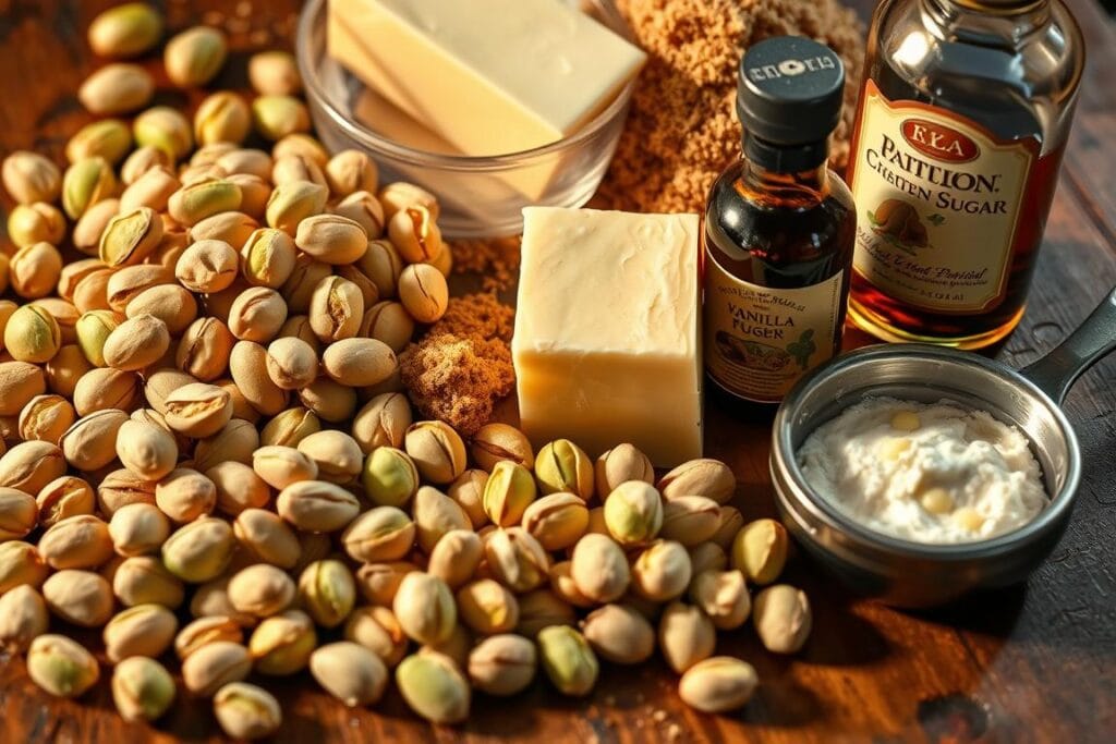 Closeup of assorted pistachio nuts, creamy butter, rich brown sugar, smooth vanilla extract, and other essential ingredients for making the best homemade pistachio fudge. Warm, golden lighting illuminates the ingredients, casting soft shadows. The ingredients are arranged on a rustic wooden surface, with a vintage, cozy atmosphere. The focus is on the key components needed to craft the perfect, indulgent pistachio fudge that will delight the senses. Closeup of assorted pistachio nuts, creamy butter, rich brown sugar, smooth vanilla extract, and other essential ingredients for making the best homemade pistachio fudge. Warm, golden lighting illuminates the ingredients, casting soft shadows. The ingredients are arranged on a rustic wooden surface, with a vintage, cozy atmosphere. The focus is on the key components needed to craft the perfect, indulgent pistachio fudge that will delight the senses.