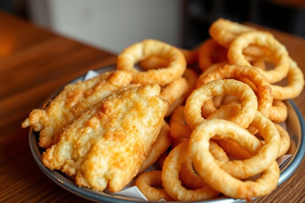 Crisp, golden-brown battered cod fillets, freshly fried and glistening, arranged in the foreground of a platter. Surrounding the fish, a generous serving of crispy, perfectly circular onion rings, their light, crunchy batter contrasting with the soft, sweet onion interior. The platter sits on a wooden table, with a neutral, slightly blurred background suggesting a cozy, casual dining setting. The lighting is warm and natural, highlighting the textures and colors of the dish. The overall composition emphasizes the delectable, restaurant-quality presentation of this classic seafood and onion ring combination. Crisp, golden-brown battered cod fillets, freshly fried and glistening, arranged in the foreground of a platter. Surrounding the fish, a generous serving of crispy, perfectly circular onion rings, their light, crunchy batter contrasting with the soft, sweet onion interior. The platter sits on a wooden table, with a neutral, slightly blurred background suggesting a cozy, casual dining setting. The lighting is warm and natural, highlighting the textures and colors of the dish. The overall composition emphasizes the delectable, restaurant-quality presentation of this classic seafood and onion ring combination.
