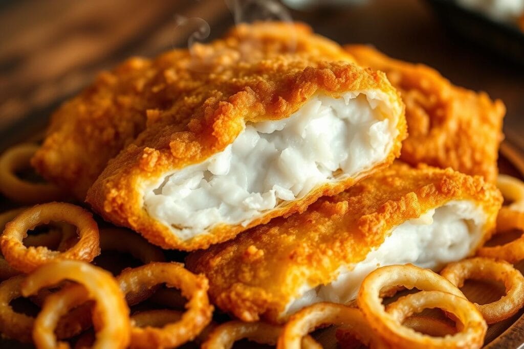 Crisp, golden-brown cod fillets nestled on a wooden platter, their crunchy batter glistening under soft, warm lighting. Juicy white flesh flakes apart effortlessly, revealing the mouthwatering, succulent interior. Delicate wisps of steam curl upwards, hinting at the piping hot temperature. The platter is framed by a scattering of thinly sliced onion rings, their batter equally crisp and inviting. A sense of rustic elegance pervades the scene, captured through a medium-wide, slightly low-angle perspective that emphasizes the dish's appetizing allure. Crisp, golden-brown cod fillets nestled on a wooden platter, their crunchy batter glistening under soft, warm lighting. Juicy white flesh flakes apart effortlessly, revealing the mouthwatering, succulent interior. Delicate wisps of steam curl upwards, hinting at the piping hot temperature. The platter is framed by a scattering of thinly sliced onion rings, their batter equally crisp and inviting. A sense of rustic elegance pervades the scene, captured through a medium-wide, slightly low-angle perspective that emphasizes the dish's appetizing allure.