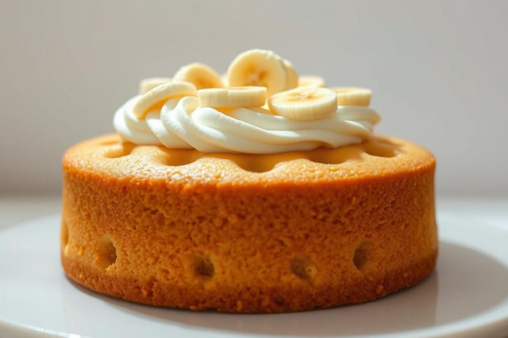Delectable banana pudding poke cake, freshly baked with a moist sponge texture. The cake is dotted with indents, ready to be soaked in a creamy custard-like filling, crowned with whipped topping and sliced bananas. Soft lighting from above casts a warm glow, accentuating the cake's inviting golden-brown hue. The scene is captured from a slightly high angle, showcasing the luscious layers and tempting presentation, enticing the viewer to indulge in this homemade dessert masterpiece. A clean, minimalist backdrop allows the poke cake to be the star of the composition. Delectable banana pudding poke cake, freshly baked with a moist sponge texture. The cake is dotted with indents, ready to be soaked in a creamy custard-like filling, crowned with whipped topping and sliced bananas. Soft lighting from above casts a warm glow, accentuating the cake's inviting golden-brown hue. The scene is captured from a slightly high angle, showcasing the luscious layers and tempting presentation, enticing the viewer to indulge in this homemade dessert masterpiece. A clean, minimalist backdrop allows the poke cake to be the star of the composition.