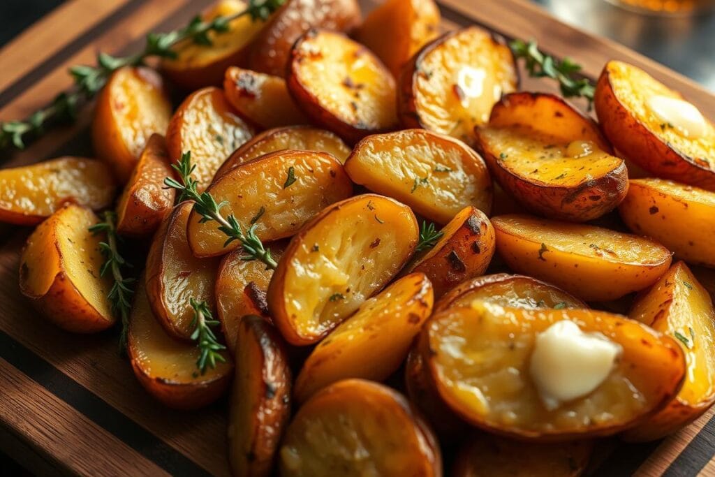 Delectable golden-brown garlic butter potatoes, roasted to perfection, their crispy edges glistening under warm, directional lighting. Wedges and halves arranged artfully on a rustic wooden board, garnished with fresh thyme sprigs. The aroma of roasted garlic and melted butter wafts through the frame, creating a mouthwatering scene. The potatoes are the focal point, casting soft shadows that help define their three-dimensional shapes. The composition is balanced, with negative space drawing the eye to the hero ingredients. An approachable, appetizing scene that complements the "Preparing Your Garlic Herb Potatoes" section of the article. Delectable golden-brown garlic butter potatoes, roasted to perfection, their crispy edges glistening under warm, directional lighting. Wedges and halves arranged artfully on a rustic wooden board, garnished with fresh thyme sprigs. The aroma of roasted garlic and melted butter wafts through the frame, creating a mouthwatering scene. The potatoes are the focal point, casting soft shadows that help define their three-dimensional shapes. The composition is balanced, with negative space drawing the eye to the hero ingredients. An approachable, appetizing scene that complements the "Preparing Your Garlic Herb Potatoes" section of the article.