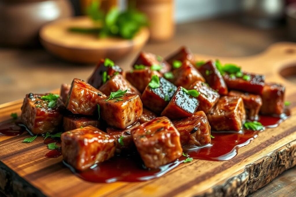 Delicious steak bites arranged on a rustic wooden platter, seared to perfection with a delicate char. Tender meat cubes glistening under the warm, soft lighting, accompanied by a sprinkling of fresh herbs and a drizzle of rich, beefy sauce. The platter is positioned at a slight angle, showcasing the vibrant colors and inviting textures. In the background, a blurred, earthy setting, perhaps a cozy kitchen or an intimate dining space, adding to the homely, comforting atmosphere. The overall presentation is both visually stunning and mouthwatering, enticing the viewer to savor the flavors of this expertly crafted steak bites dish. Delicious steak bites arranged on a rustic wooden platter, seared to perfection with a delicate char. Tender meat cubes glistening under the warm, soft lighting, accompanied by a sprinkling of fresh herbs and a drizzle of rich, beefy sauce. The platter is positioned at a slight angle, showcasing the vibrant colors and inviting textures. In the background, a blurred, earthy setting, perhaps a cozy kitchen or an intimate dining space, adding to the homely, comforting atmosphere. The overall presentation is both visually stunning and mouthwatering, enticing the viewer to savor the flavors of this expertly crafted steak bites dish.