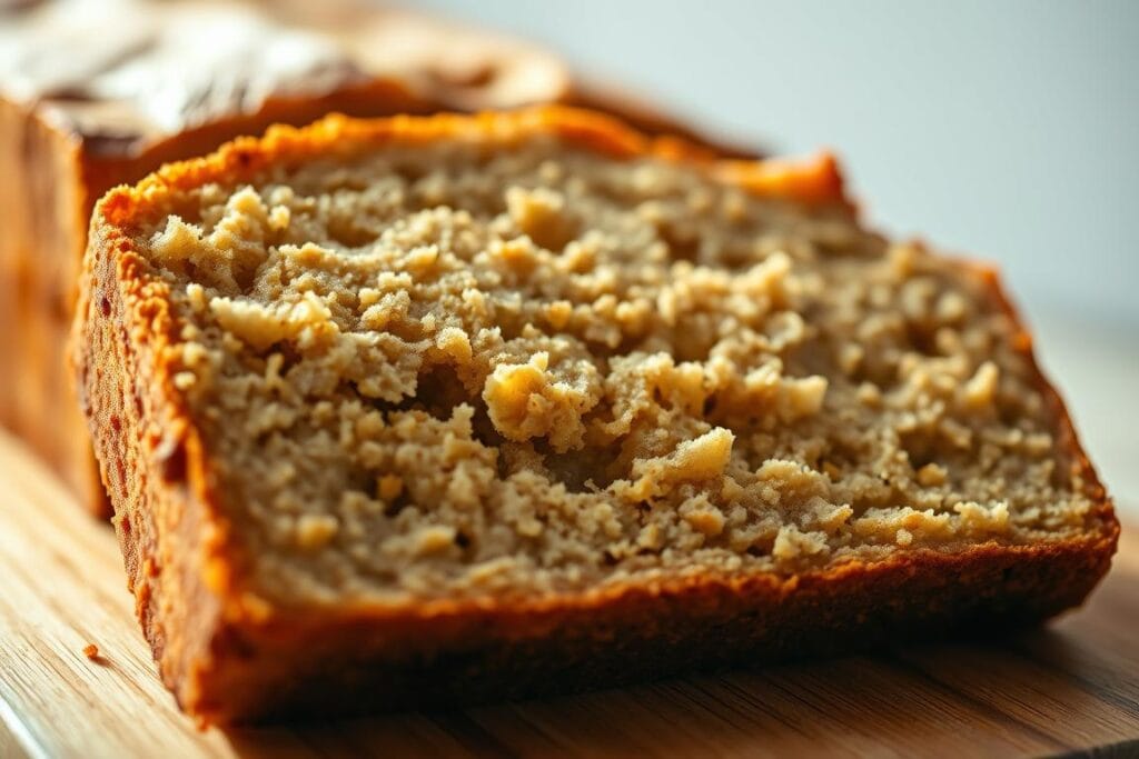 Detailed close-up shot of a slice of Hawaiian banana bread, revealing its dense, chewy texture with uneven crumb structure and occasional large air pockets. Soft, golden-brown crust with subtle hints of caramelization. Illuminated by warm, natural side lighting that casts gentle shadows, accentuating the moist, imperfect appearance. Shallow depth of field keeps the center in focus while the edges gently blur, directing attention to the textural issues. Captured with a high-resolution DSLR camera equipped with a macro lens for maximum clarity and detail. Detailed close-up shot of a slice of Hawaiian banana bread, revealing its dense, chewy texture with uneven crumb structure and occasional large air pockets. Soft, golden-brown crust with subtle hints of caramelization. Illuminated by warm, natural side lighting that casts gentle shadows, accentuating the moist, imperfect appearance. Shallow depth of field keeps the center in focus while the edges gently blur, directing attention to the textural issues. Captured with a high-resolution DSLR camera equipped with a macro lens for maximum clarity and detail.
