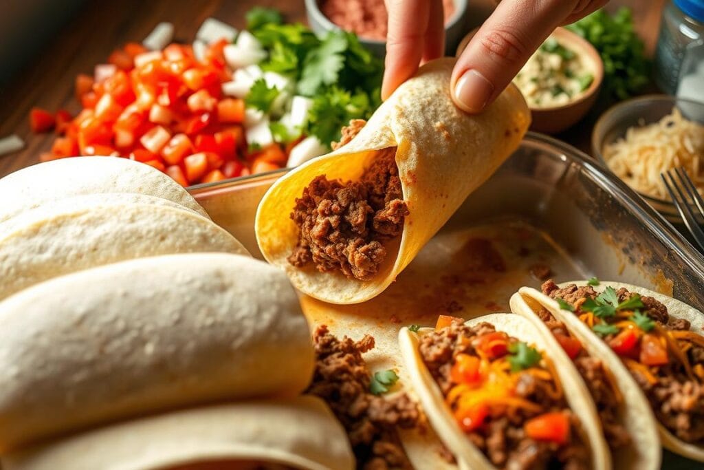 Detailed image of the assembly process for Tex Mex beef enchiladas. In the foreground, fresh corn tortillas are being filled with a savory ground beef and spice mixture. In the middle, the stuffed tortillas are being carefully rolled and placed in a baking dish. The background features a vibrant array of fresh ingredients like diced tomatoes, chopped onions, grated cheese, and chopped cilantro. The scene is lit by warm, natural lighting and shot at an angle to showcase the intricate layering and assembly technique. The overall mood is one of authentic Tex Mex cuisine, highlighting the rustic but flavorful nature of this classic dish. Detailed image of the assembly process for Tex Mex beef enchiladas. In the foreground, fresh corn tortillas are being filled with a savory ground beef and spice mixture. In the middle, the stuffed tortillas are being carefully rolled and placed in a baking dish. The background features a vibrant array of fresh ingredients like diced tomatoes, chopped onions, grated cheese, and chopped cilantro. The scene is lit by warm, natural lighting and shot at an angle to showcase the intricate layering and assembly technique. The overall mood is one of authentic Tex Mex cuisine, highlighting the rustic but flavorful nature of this classic dish.