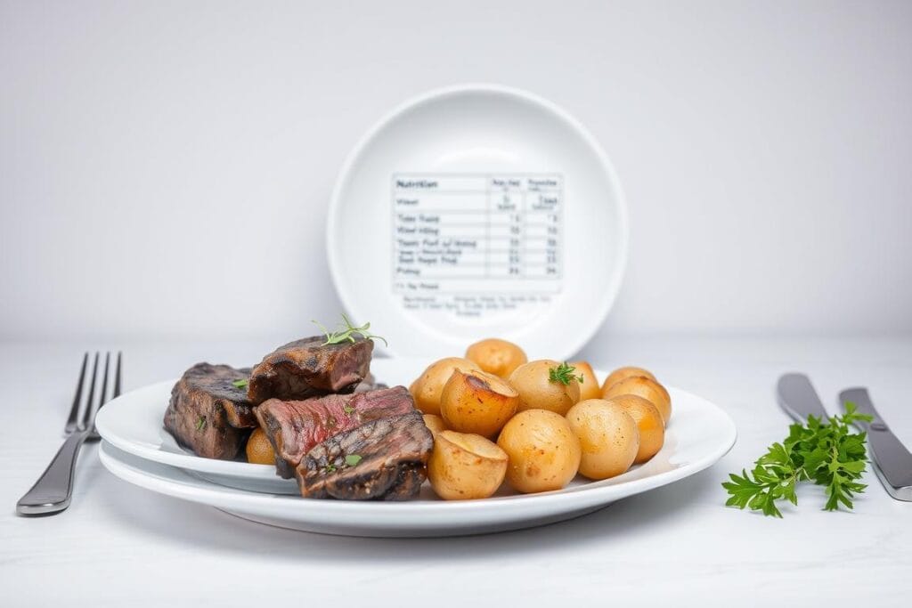 Detailed nutritional information for a steak and potatoes meal, presented on a sleek, minimalist table setting. In the foreground, a plate showcases tender, juicy steak slices alongside roasted potatoes, garnished with fresh herbs. The middle ground features a simple white plate with a breakdown of the dish's macronutrients, vitamins, and minerals. In the background, a clean, well-lit backdrop, with a subtle gradient that accentuates the healthy, natural elements of the scene. The overall mood is informative, yet visually appealing, encouraging the viewer to consider the dietary benefits of this classic pairing. Detailed nutritional information for a steak and potatoes meal, presented on a sleek, minimalist table setting. In the foreground, a plate showcases tender, juicy steak slices alongside roasted potatoes, garnished with fresh herbs. The middle ground features a simple white plate with a breakdown of the dish's macronutrients, vitamins, and minerals. In the background, a clean, well-lit backdrop, with a subtle gradient that accentuates the healthy, natural elements of the scene. The overall mood is informative, yet visually appealing, encouraging the viewer to consider the dietary benefits of this classic pairing.