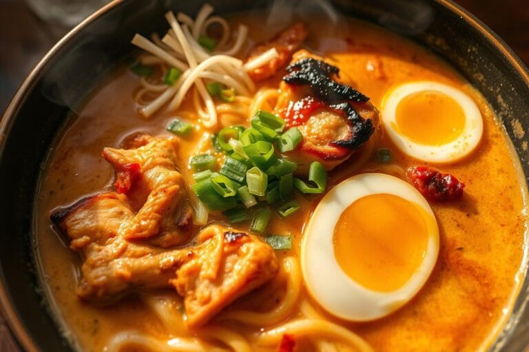 Fiery Chicken Ramen With Creamy Garlic Sauce