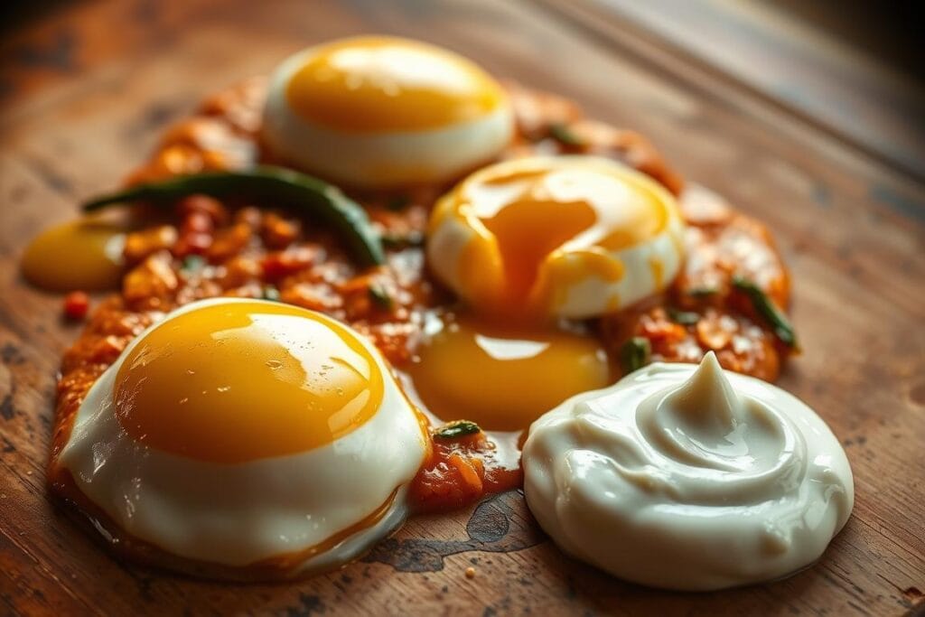 Flavorful eggs on a rustic wooden surface, the yolks soft and oozing, surrounded by a vibrant chili butter. Warm, golden lighting casts a cozy glow, highlighting the textures of the dish. In the foreground, a generous dollop of creamy garlic yogurt adds a tangy contrast. The composition is balanced, with the eggs positioned to draw the eye. Subtle shadows and highlights accentuate the depth and dimensionality of the scene. The overall mood is inviting, mouthwatering, and evocative of the flavorful dish described in the article's section. Flavorful eggs on a rustic wooden surface, the yolks soft and oozing, surrounded by a vibrant chili butter. Warm, golden lighting casts a cozy glow, highlighting the textures of the dish. In the foreground, a generous dollop of creamy garlic yogurt adds a tangy contrast. The composition is balanced, with the eggs positioned to draw the eye. Subtle shadows and highlights accentuate the depth and dimensionality of the scene. The overall mood is inviting, mouthwatering, and evocative of the flavorful dish described in the article's section.