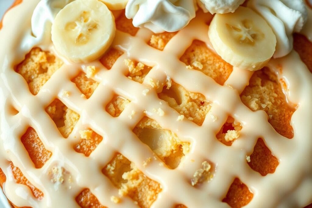 Freshly baked banana pudding poke cake, with a moist, golden sponge infused with a rich custard-like filling. Close-up view showcasing the intricate lattice pattern created by the poked holes, glistening with a glossy vanilla glaze that seeps deep into the cake's crumb. Layered with pillowy whipped cream and sliced ripe bananas, creating a symphony of flavors and textures. Soft, natural lighting casts a warm, inviting glow, highlighting the cake's luscious appearance. Shot from a high angle, emphasizing the cake's fluffy, irresistible nature, ready to be savored and enjoyed. Freshly baked banana pudding poke cake, with a moist, golden sponge infused with a rich custard-like filling. Close-up view showcasing the intricate lattice pattern created by the poked holes, glistening with a glossy vanilla glaze that seeps deep into the cake's crumb. Layered with pillowy whipped cream and sliced ripe bananas, creating a symphony of flavors and textures. Soft, natural lighting casts a warm, inviting glow, highlighting the cake's luscious appearance. Shot from a high angle, emphasizing the cake's fluffy, irresistible nature, ready to be savored and enjoyed.