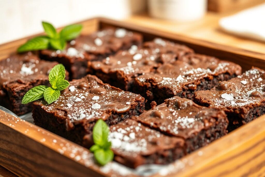 Freshly baked brownies, their rich, fudgy texture glistening under the warm light of a kitchen counter. Crisp, crackly tops give way to a decadent, moist interior, dotted with shimmering chunks of high-quality chocolate. A hint of vanilla and a touch of sea salt enhance the deep cocoa flavor, creating a dessert that is both indulgent and perfectly balanced. The brownies are presented in an elegant, rustic wooden tray, accompanied by a dusting of powdered sugar and a sprig of fresh mint, lending a touch of sophistication. The scene is captured with a shallow depth of field, drawing the viewer's eye to the star of the show - the irresistible, homemade brownies.