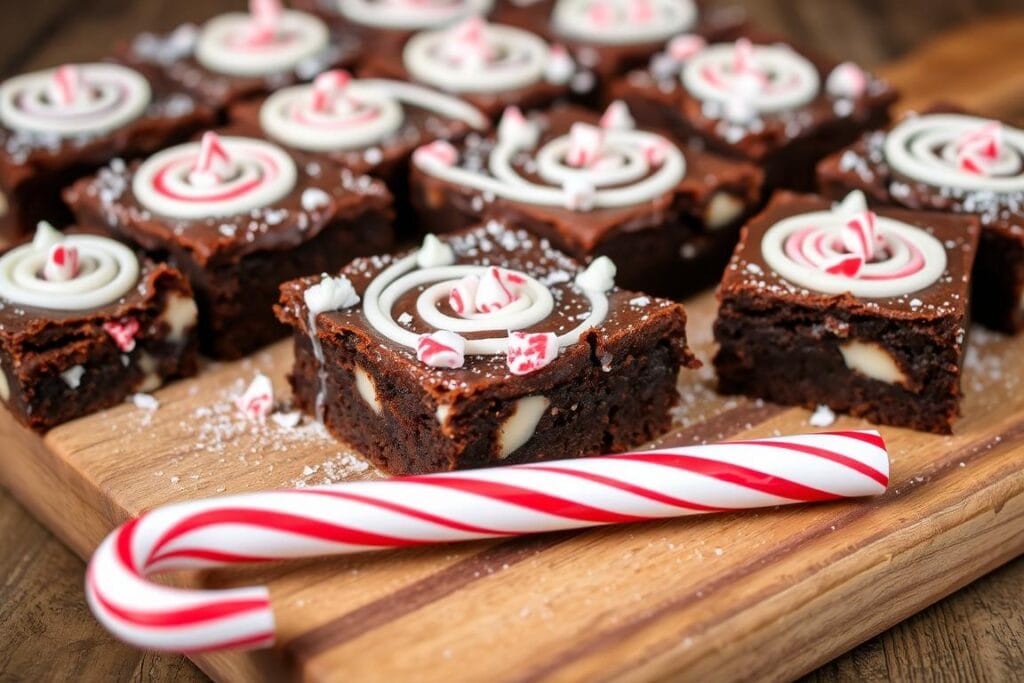 Freshly baked peppermint brownies, festively adorned with swirls of white chocolate and crushed candy canes. The rich, fudgy brownies are arranged on a rustic wooden board, their edges glistening with a dusting of powdered sugar. In the foreground, a candy cane lies diagonally, its red and white stripes complementing the brownies' colors. Soft, diffused lighting bathes the scene, creating a warm, inviting atmosphere. The brownies are positioned to showcase their intricate decoration, enticing the viewer to imagine the delightful blend of chocolate and peppermint. This holiday-inspired tableau is a tempting preview of the perfect homemade treat. Freshly baked peppermint brownies, festively adorned with swirls of white chocolate and crushed candy canes. The rich, fudgy brownies are arranged on a rustic wooden board, their edges glistening with a dusting of powdered sugar. In the foreground, a candy cane lies diagonally, its red and white stripes complementing the brownies' colors. Soft, diffused lighting bathes the scene, creating a warm, inviting atmosphere. The brownies are positioned to showcase their intricate decoration, enticing the viewer to imagine the delightful blend of chocolate and peppermint. This holiday-inspired tableau is a tempting preview of the perfect homemade treat.