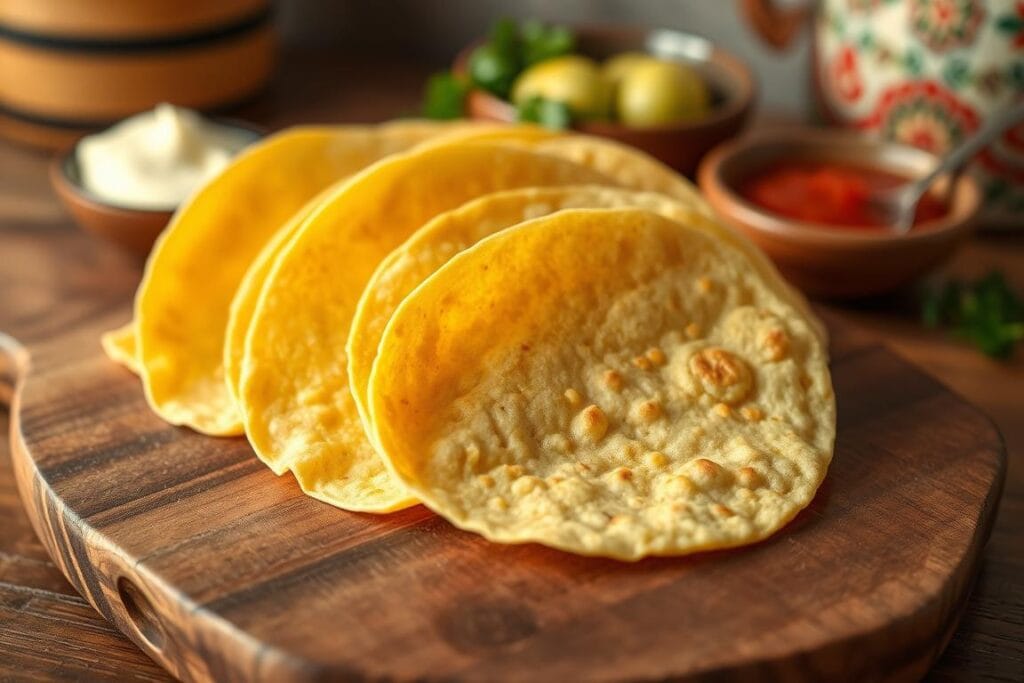 Freshly-made corn tortillas, their golden hue and delicate texture, arranged neatly on a rustic wooden board. Warm lighting casts a soft glow, accentuating the tortillas' homemade charm. In the background, a simple yet elegant Tex-Mex-inspired setting, with hints of earthy tones and subtle Mexican-inspired patterns, setting the stage for the star of the dish - the tortillas, ready to be filled with the authentic flavors of Tex-Mex beef enchiladas. Freshly-made corn tortillas, their golden hue and delicate texture, arranged neatly on a rustic wooden board. Warm lighting casts a soft glow, accentuating the tortillas' homemade charm. In the background, a simple yet elegant Tex-Mex-inspired setting, with hints of earthy tones and subtle Mexican-inspired patterns, setting the stage for the star of the dish - the tortillas, ready to be filled with the authentic flavors of Tex-Mex beef enchiladas.