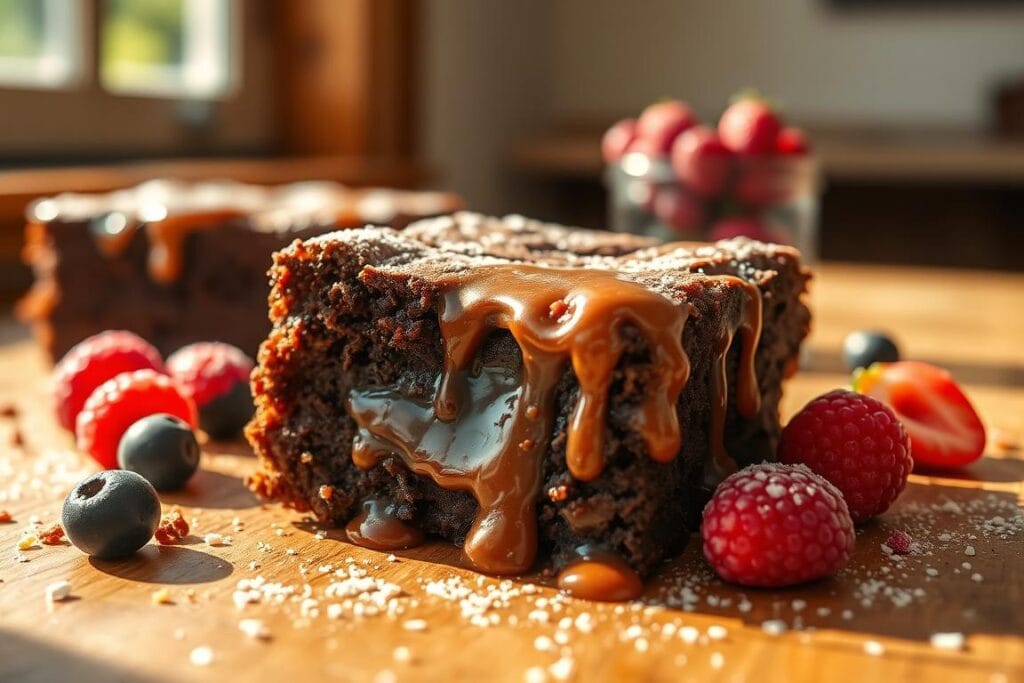 Gooey, fudgy brownies with a crackly top, dripping with melted chocolate and caramel. Sunlight streams through a window, casting a warm glow on the tempting dessert. Arranged on a rustic wooden table, the brownies are complemented by fresh berries and a dusting of powdered sugar. The scene evokes a sense of nostalgic comfort, transporting the viewer back to the classic school cafeteria where these beloved treats were once served. A shallow depth of field emphasizes the luscious texture of the brownies, inviting the viewer to indulge in this creative variation on the timeless Lunch Lady Brownie recipe.