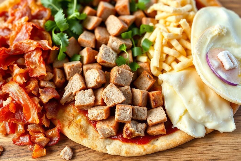 High-quality close-up photograph of an assortment of protein-rich pizza toppings arranged beautifully on a wooden surface, including crispy bacon slices, juicy Italian sausage crumbles, savory grilled chicken chunks, and creamy scrambled eggs, all bathed in warm, natural lighting to create an appetizing and inviting scene that perfectly complements the "Protein-Rich Breakfast Pizza Toppings" theme. High-quality close-up photograph of an assortment of protein-rich pizza toppings arranged beautifully on a wooden surface, including crispy bacon slices, juicy Italian sausage crumbles, savory grilled chicken chunks, and creamy scrambled eggs, all bathed in warm, natural lighting to create an appetizing and inviting scene that perfectly complements the "Protein-Rich Breakfast Pizza Toppings" theme.