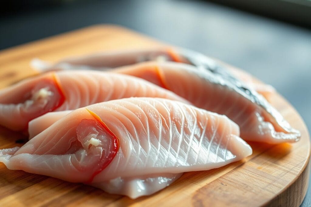 High-quality, close-up photograph of fresh, raw fish fillets on a wooden cutting board, shot with a professional camera lens. The fish fillets have a vibrant, translucent appearance, with visible skin and flesh details. Soft, natural lighting from the side creates subtle shadows and highlights the texture of the fillets. The background is clean and uncluttered, with a slight vignette effect to draw the viewer's attention to the main subject. The overall mood is serene and appetizing, conveying the high-quality, artisanal nature of the fish. High-quality, close-up photograph of fresh, raw fish fillets on a wooden cutting board, shot with a professional camera lens. The fish fillets have a vibrant, translucent appearance, with visible skin and flesh details. Soft, natural lighting from the side creates subtle shadows and highlights the texture of the fillets. The background is clean and uncluttered, with a slight vignette effect to draw the viewer's attention to the main subject. The overall mood is serene and appetizing, conveying the high-quality, artisanal nature of the fish.