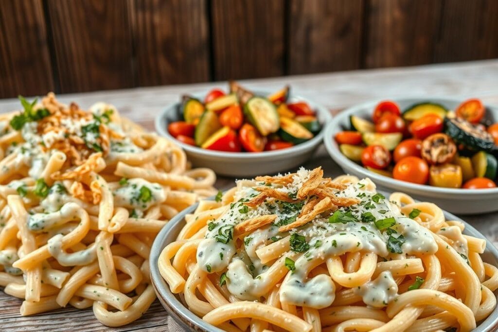 High-quality, detailed image of a variety of ranch pasta dishes in a rustic, appetizing setting. Depicted in the foreground are different pasta shapes coated in a creamy, herb-infused ranch sauce, garnished with fresh herbs, grated cheese, and crispy fried onions. The middle ground showcases various roasted vegetables, such as bell peppers, zucchini, and cherry tomatoes, tossed with the pasta. In the background, a wooden table with a weathered, distressed finish sets the scene, complemented by a simple, neutral-toned linen tablecloth. Warm, natural lighting illuminates the composition, casting soft shadows and highlighting the textures and colors of the dishes. The overall atmosphere is inviting, homey, and designed to showcase the delicious variations of this ranch pasta recipe.