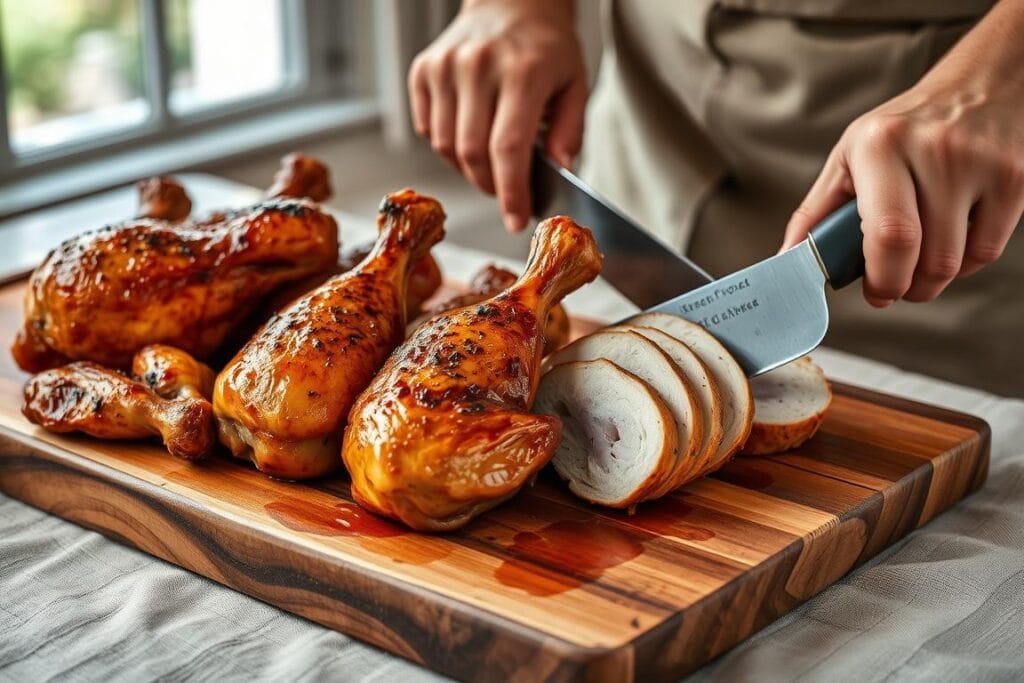 High-resolution, detailed image of a person carving roasted chicken legs on a wooden cutting board, filled with juicy, golden-brown chicken legs. The chicken is presented on a rustic, textured table with a linen cloth, natural lighting from a window, and the carving knife is sharp and gleaming. The scene conveys a warm, inviting atmosphere of a delicious, homemade meal being prepared. The composition emphasizes the mouthwatering, tender chicken and the skilled carving, creating a vivid, appetizing image to illustrate the "Serving Your Oven Roasted Chicken" section. High-resolution, detailed image of a person carving roasted chicken legs on a wooden cutting board, filled with juicy, golden-brown chicken legs. The chicken is presented on a rustic, textured table with a linen cloth, natural lighting from a window, and the carving knife is sharp and gleaming. The scene conveys a warm, inviting atmosphere of a delicious, homemade meal being prepared. The composition emphasizes the mouthwatering, tender chicken and the skilled carving, creating a vivid, appetizing image to illustrate the "Serving Your Oven Roasted Chicken" section.
