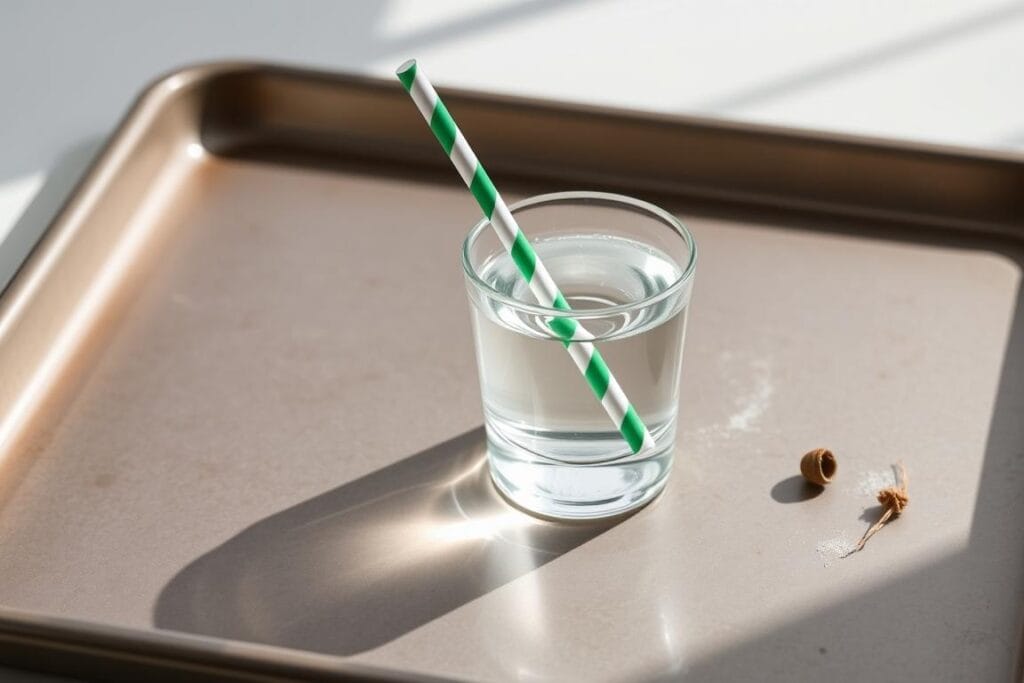 Image of a shot glass and straw on a baking tray Image of a shot glass and straw on a baking tray