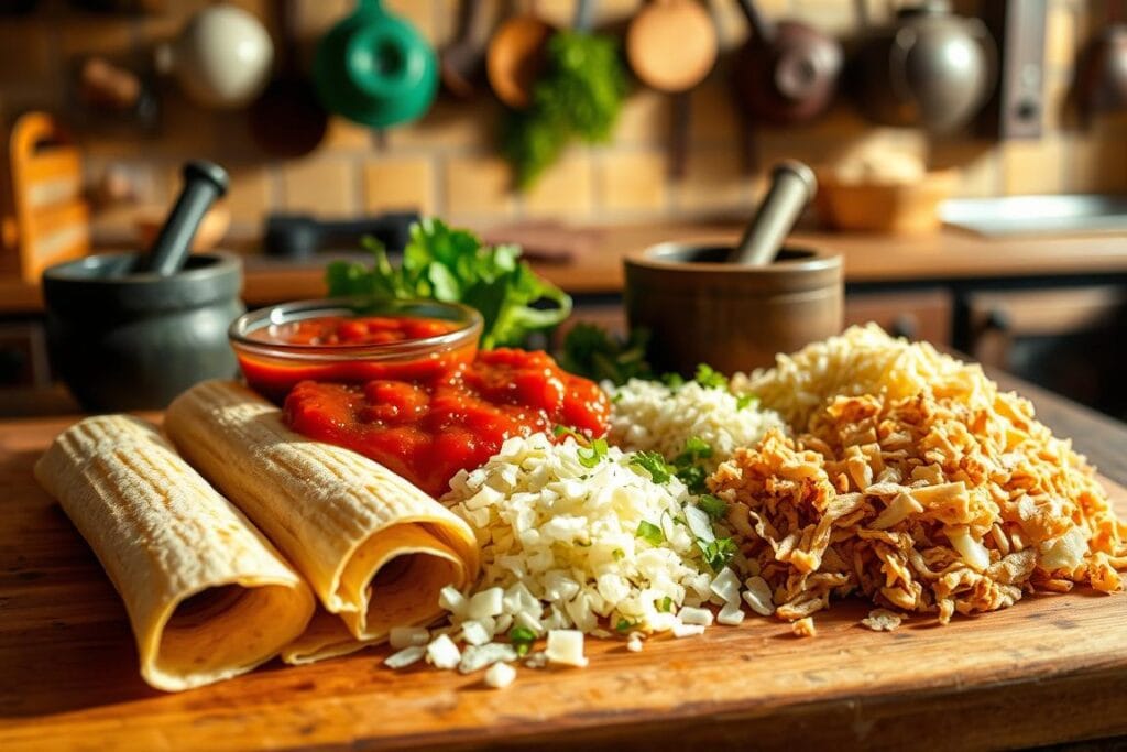 Ingredients for enchiladas: Freshly rolled corn tortillas, simmering red enchilada sauce, a blend of shredded Mexican cheeses, diced onions, minced garlic, and tender shredded chicken or beef. In the foreground, a wooden board displays the ingredients neatly arranged, casting warm shadows under soft, diffused lighting. The middle ground reveals a rustic kitchen counter with a mortar and pestle, while the background features a vintage oven and hanging pots, evoking a cozy, homemade ambiance. The overall mood is inviting and appetizing, setting the stage for a comforting, authentic enchilada dish.