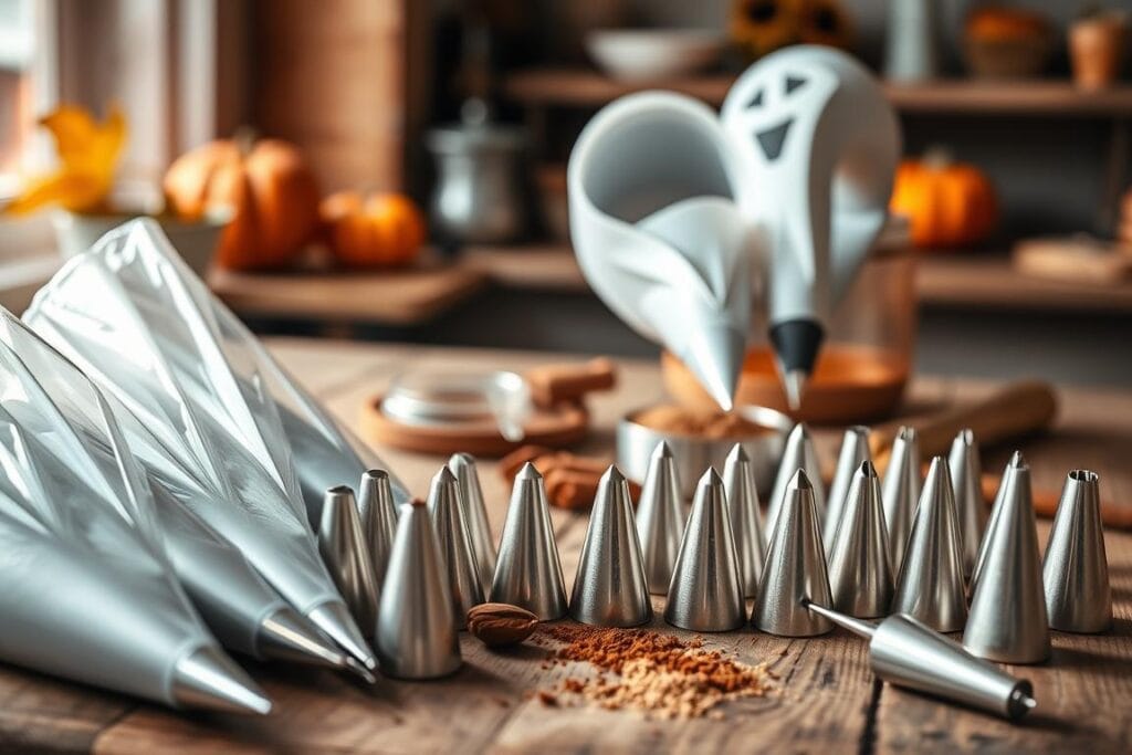 Intricate pastry tips arranged artfully on a rustic wooden table, illuminated by soft natural lighting. In the foreground, a collection of piping bags, nozzles, and small baking tools create a sense of expert craftsmanship. The middle ground features precisely measured ingredients like cinnamon, nutmeg, and brown sugar, hinting at the flavors of an autumnal pumpkin cupcake recipe. The background blurs into a cozy, fall-inspired setting, with a hint of warm, inviting colors. The overall mood is one of culinary mastery, attention to detail, and the joy of baking. Intricate pastry tips arranged artfully on a rustic wooden table, illuminated by soft natural lighting. In the foreground, a collection of piping bags, nozzles, and small baking tools create a sense of expert craftsmanship. The middle ground features precisely measured ingredients like cinnamon, nutmeg, and brown sugar, hinting at the flavors of an autumnal pumpkin cupcake recipe. The background blurs into a cozy, fall-inspired setting, with a hint of warm, inviting colors. The overall mood is one of culinary mastery, attention to detail, and the joy of baking.