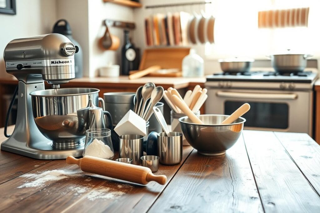 Kitchen equipment for baking, neatly arranged on a rustic wooden table. In the foreground, a stainless steel stand mixer, flour sifter, and rolling pin. In the middle ground, a collection of measuring cups and spoons, baking sheets, and a metal mixing bowl. The background features a vintage oven, baking pans, and a hanging rack for cookbooks. Bright, natural lighting filters through a nearby window, casting a warm, inviting glow over the scene. The overall atmosphere is one of culinary preparation and baking inspiration. Kitchen equipment for baking, neatly arranged on a rustic wooden table. In the foreground, a stainless steel stand mixer, flour sifter, and rolling pin. In the middle ground, a collection of measuring cups and spoons, baking sheets, and a metal mixing bowl. The background features a vintage oven, baking pans, and a hanging rack for cookbooks. Bright, natural lighting filters through a nearby window, casting a warm, inviting glow over the scene. The overall atmosphere is one of culinary preparation and baking inspiration.