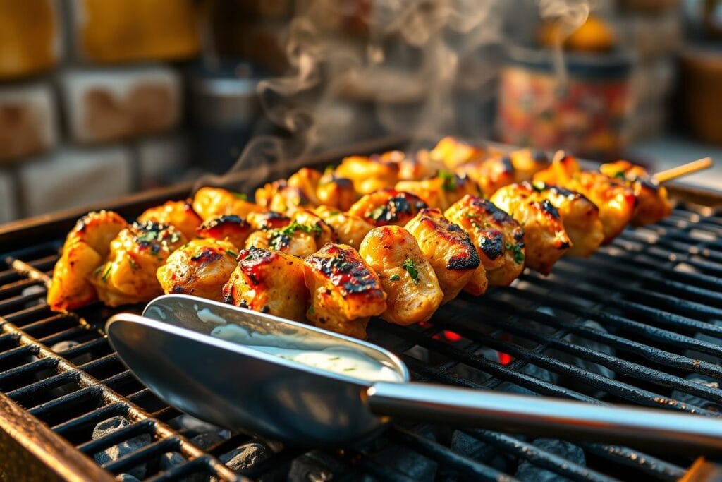 Marinated chicken skewers sizzling on a charcoal grill, set against a backdrop of a rustic outdoor kitchen. The juicy, lemon-infused chicken glistens in the warm, golden light, beckoning to be savored. Wisps of fragrant smoke curl upwards, mingling with the aroma of grilled herbs and vegetables. The grill's metal grates cast delicate shadows, adding depth and texture to the scene. In the foreground, a pair of metal tongs holds the skewers, ready to be carefully turned and basted with a zesty, yogurt-based tzatziki sauce. The overall atmosphere is one of relaxed, Mediterranean-inspired alfresco dining, perfectly capturing the essence of a healthy, flavorful grilling experience. Marinated chicken skewers sizzling on a charcoal grill, set against a backdrop of a rustic outdoor kitchen. The juicy, lemon-infused chicken glistens in the warm, golden light, beckoning to be savored. Wisps of fragrant smoke curl upwards, mingling with the aroma of grilled herbs and vegetables. The grill's metal grates cast delicate shadows, adding depth and texture to the scene. In the foreground, a pair of metal tongs holds the skewers, ready to be carefully turned and basted with a zesty, yogurt-based tzatziki sauce. The overall atmosphere is one of relaxed, Mediterranean-inspired alfresco dining, perfectly capturing the essence of a healthy, flavorful grilling experience.