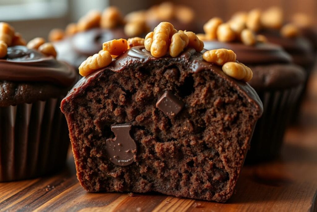 Moist and dense dark chocolate banana bread muffins, topped with rich chocolate swirls and toasted walnuts. The cross-section reveals a perfectly balanced crumb, with moist, fudgy pockets of banana and bittersweet chocolate. Soft yet yielding texture, with a delicate exterior crust. Warm, ambient lighting casts a cozy glow, highlighting the deep brown hues and inviting the viewer to indulge in the aromatic and flavor-packed treat. Moist and dense dark chocolate banana bread muffins, topped with rich chocolate swirls and toasted walnuts. The cross-section reveals a perfectly balanced crumb, with moist, fudgy pockets of banana and bittersweet chocolate. Soft yet yielding texture, with a delicate exterior crust. Warm, ambient lighting casts a cozy glow, highlighting the deep brown hues and inviting the viewer to indulge in the aromatic and flavor-packed treat.