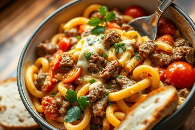 One Pot Beef And Cheddar Ranch Pasta