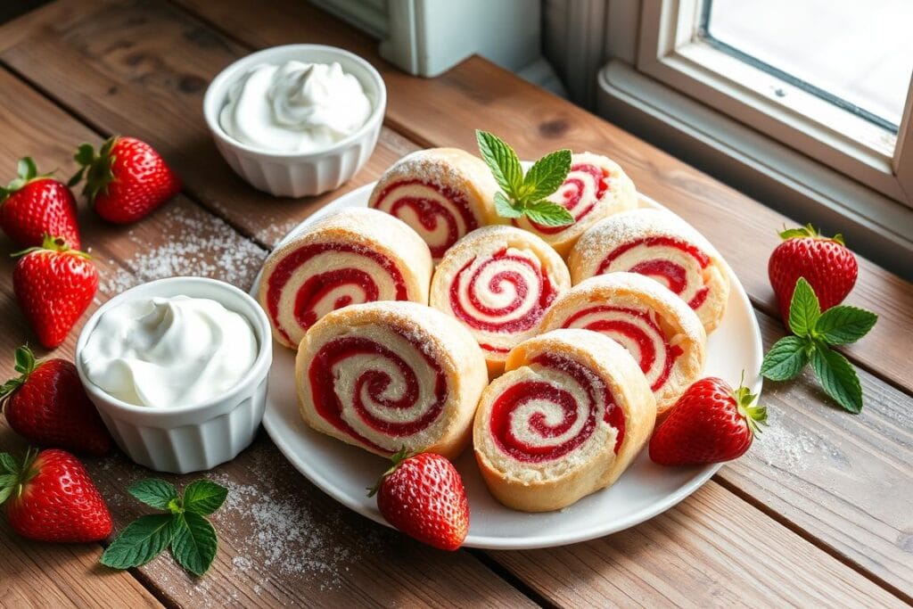 Perfectly arranged strawberry cheesecake rolls on a rustic wooden table, lightly dusted with powdered sugar. The rolls are sliced to reveal the creamy cheesecake filling and fresh strawberry swirls. Surrounding the plate are some whole strawberries, a small bowl of whipped cream, and a sprig of fresh mint, creating a visually appealing and appetizing presentation. Soft, natural lighting from a window illuminates the scene, casting gentle shadows and highlighting the delicate textures. The overall mood is one of homemade indulgence and effortless elegance, inviting the viewer to imagine savoring each bite of this decadent treat.