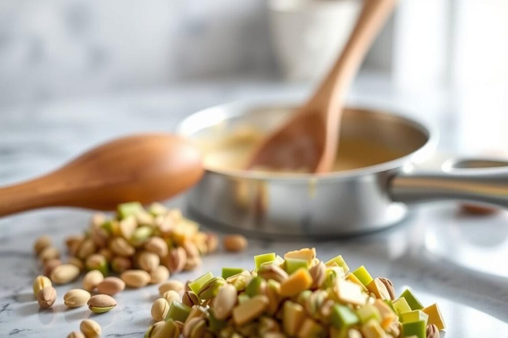 Pistachio fudge preparation steps: a close-up view of a marble or granite countertop with a wooden spoon, a saucepan, and freshly chopped pistachios. The countertop is illuminated by soft, diffused lighting, creating a warm, cozy atmosphere. In the foreground, the pistachio nuts are arranged neatly, their vibrant green hues contrasting with the neutral tones of the countertop. The saucepan in the middle ground contains a smooth, creamy fudge mixture, steam gently rising from its surface. The wooden spoon is poised, ready to stir the fudge, hinting at the tactile and sensory experience of the preparation process. The image captures the essence of a homemade, artisanal sweet treat, inviting the viewer to imagine the rich, indulgent flavor of the pistachio fudge. Pistachio fudge preparation steps: a close-up view of a marble or granite countertop with a wooden spoon, a saucepan, and freshly chopped pistachios. The countertop is illuminated by soft, diffused lighting, creating a warm, cozy atmosphere. In the foreground, the pistachio nuts are arranged neatly, their vibrant green hues contrasting with the neutral tones of the countertop. The saucepan in the middle ground contains a smooth, creamy fudge mixture, steam gently rising from its surface. The wooden spoon is poised, ready to stir the fudge, hinting at the tactile and sensory experience of the preparation process. The image captures the essence of a homemade, artisanal sweet treat, inviting the viewer to imagine the rich, indulgent flavor of the pistachio fudge.