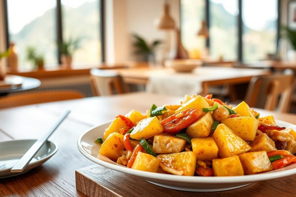 Serving pineapple chicken stir fry Serving pineapple chicken stir fry