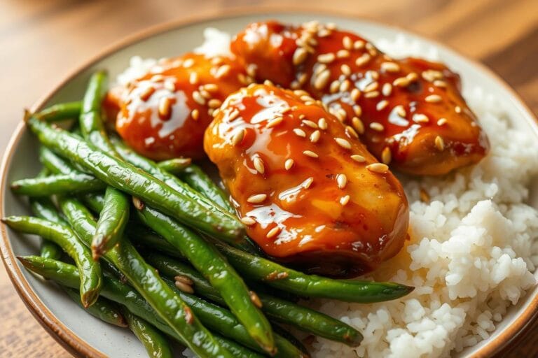 Sesame Chicken With Green Beans And Rice