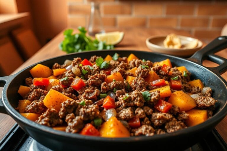 Southwest Ground Beef And Sweet Potato Skillet