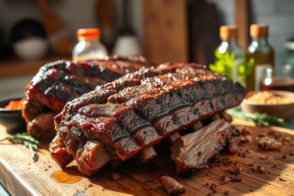 Succulent smoked beef short ribs, glistening with a rich, caramelized bark, resting on a rustic wooden cutting board. In the foreground, the tender, juicy meat falls off the bone with ease, revealing the smoke-infused flavor. Surrounding the ribs, an assortment of aromatic spices, herbs, and sauces, inviting the viewer to imagine the depth of taste. The scene is illuminated by warm, natural lighting, casting a cozy, inviting atmosphere. In the background, a simple, minimalist kitchen setting, hinting at the homemade, handcrafted nature of this delectable dish. Succulent smoked beef short ribs, glistening with a rich, caramelized bark, resting on a rustic wooden cutting board. In the foreground, the tender, juicy meat falls off the bone with ease, revealing the smoke-infused flavor. Surrounding the ribs, an assortment of aromatic spices, herbs, and sauces, inviting the viewer to imagine the depth of taste. The scene is illuminated by warm, natural lighting, casting a cozy, inviting atmosphere. In the background, a simple, minimalist kitchen setting, hinting at the homemade, handcrafted nature of this delectable dish.