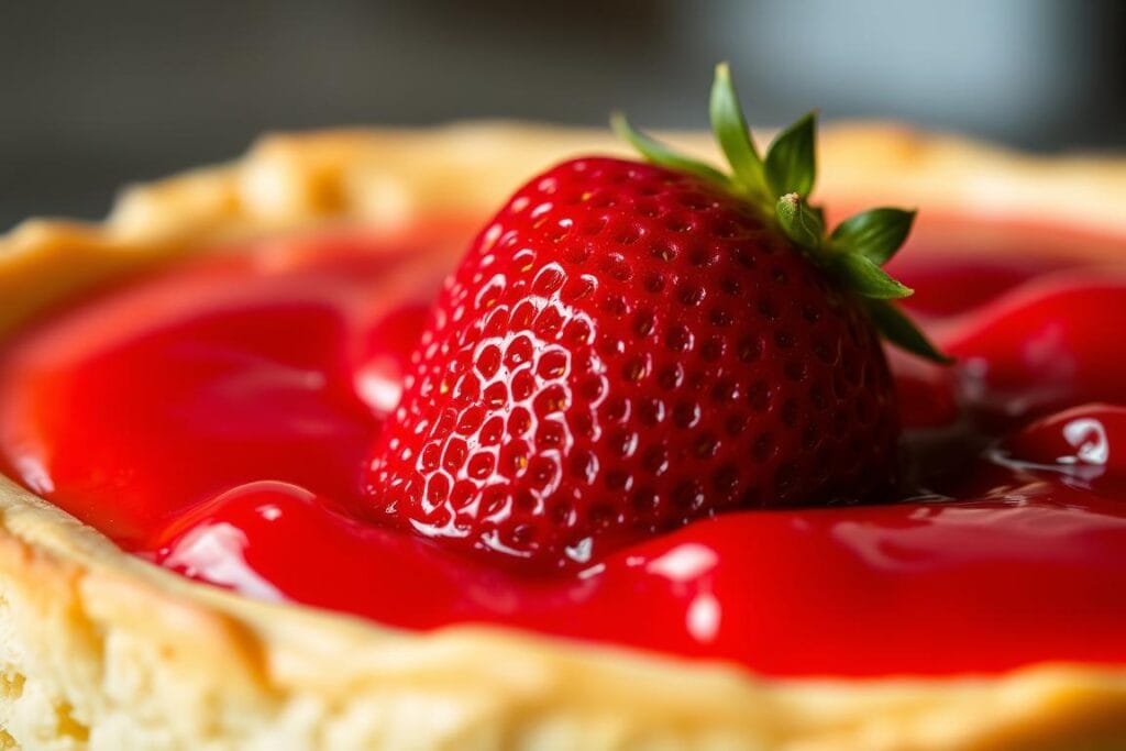 Tangy strawberry filling, a luscious center nestled within a soft, golden crust. Close-up view showcasing the vibrant red hue and glistening texture, as if freshly plucked from the garden. Soft, diffused lighting from the side casts gentle shadows, highlighting the rich, creamy filling's volume and depth. The composition is framed to draw the eye directly to the heart of the dessert, inviting the viewer to envision the tart, sweet flavor and satisfying mouthfeel. Conveying a sense of homemade indulgence and culinary expertise, the image evokes the comforting aroma and irresistible allure of a perfect strawberry cheesecake creation.