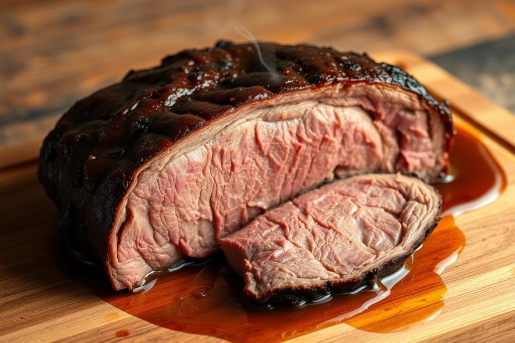 Tender French dip beef: a succulent, slow-cooked chuck roast, seared to perfection and simmered in a rich, savory au jus. Slice the beef thick, revealing tender layers that glisten under warm, indirect lighting. The roast rests on a wooden cutting board, framed by a rustic, textured background. Wisps of steam rise from the juices, hinting at the mouthwatering flavors to come. This image captures the heartwarming essence of the classic French dip sandwich, the ideal centerpiece for a cozy crockpot feast. Tender French dip beef: a succulent, slow-cooked chuck roast, seared to perfection and simmered in a rich, savory au jus. Slice the beef thick, revealing tender layers that glisten under warm, indirect lighting. The roast rests on a wooden cutting board, framed by a rustic, textured background. Wisps of steam rise from the juices, hinting at the mouthwatering flavors to come. This image captures the heartwarming essence of the classic French dip sandwich, the ideal centerpiece for a cozy crockpot feast.