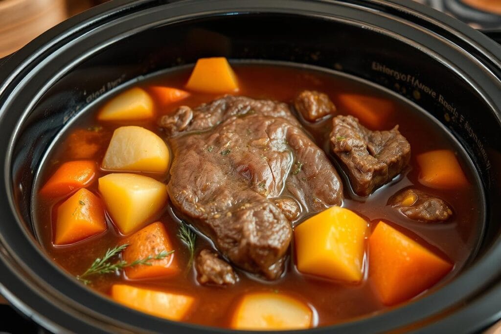 Tender, slow-cooked beef simmered in a rich, savory broth with hearty root vegetables and aromatic herbs. A warm, inviting crockpot scene with soft, muted lighting illuminating the mouthwatering stew, visible through a glass lid. The foreground features chunky potatoes, carrots, and onions, while the middle ground showcases the glistening, deep brown beef submerged in the thick, flavorful sauce. The background is a cozy, rustic kitchen setting with wooden accents. The overall atmosphere is comforting, homemade, and perfect for a cold winter's day. Tender, slow-cooked beef simmered in a rich, savory broth with hearty root vegetables and aromatic herbs. A warm, inviting crockpot scene with soft, muted lighting illuminating the mouthwatering stew, visible through a glass lid. The foreground features chunky potatoes, carrots, and onions, while the middle ground showcases the glistening, deep brown beef submerged in the thick, flavorful sauce. The background is a cozy, rustic kitchen setting with wooden accents. The overall atmosphere is comforting, homemade, and perfect for a cold winter's day.