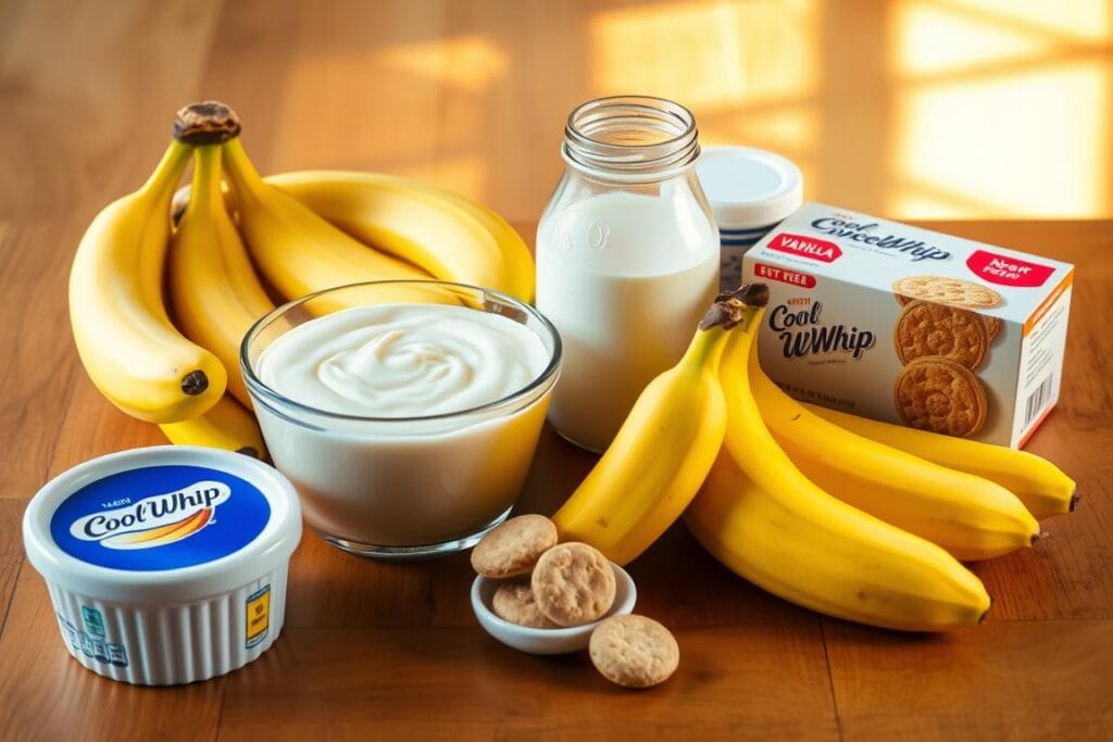 Vibrant, well-lit still life featuring an assortment of ingredients for banana pudding poke cake. On a wooden table, an array of ripe yellow bananas, a bowl of creamy vanilla pudding, a jar of sweetened condensed milk, a tub of Cool Whip, and a box of vanilla wafers. Soft, golden light bathes the scene, casting subtle shadows and highlighting the rich textures of the ingredients. The composition is balanced and visually appealing, inviting the viewer to imagine the delicious dessert that can be crafted from these essential components. Vibrant, well-lit still life featuring an assortment of ingredients for banana pudding poke cake. On a wooden table, an array of ripe yellow bananas, a bowl of creamy vanilla pudding, a jar of sweetened condensed milk, a tub of Cool Whip, and a box of vanilla wafers. Soft, golden light bathes the scene, casting subtle shadows and highlighting the rich textures of the ingredients. The composition is balanced and visually appealing, inviting the viewer to imagine the delicious dessert that can be crafted from these essential components.