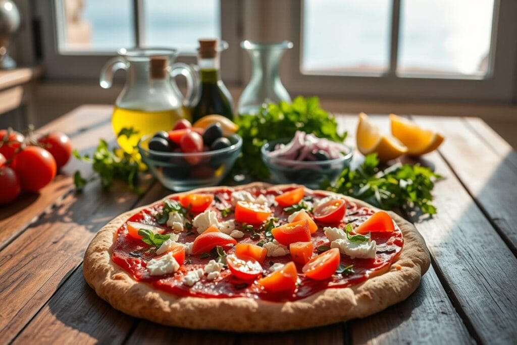 Warm Mediterranean morning light illuminates a rustic wooden table, upon which a tantalizing array of breakfast pizza ingredients are arrayed. In the foreground, a crisp, golden-brown crust is topped with vibrant red tomatoes, crumbled feta, and fresh herbs. Beside it, a small bowl overflows with kalamata olives, thinly sliced red onion, and peppery arugula. In the middle ground, a carafe of rich olive oil and a wedge of tangy lemon await, while in the background, a sun-dappled window frames the scene, hinting at the seaside vista beyond. Warm Mediterranean morning light illuminates a rustic wooden table, upon which a tantalizing array of breakfast pizza ingredients are arrayed. In the foreground, a crisp, golden-brown crust is topped with vibrant red tomatoes, crumbled feta, and fresh herbs. Beside it, a small bowl overflows with kalamata olives, thinly sliced red onion, and peppery arugula. In the middle ground, a carafe of rich olive oil and a wedge of tangy lemon await, while in the background, a sun-dappled window frames the scene, hinting at the seaside vista beyond.